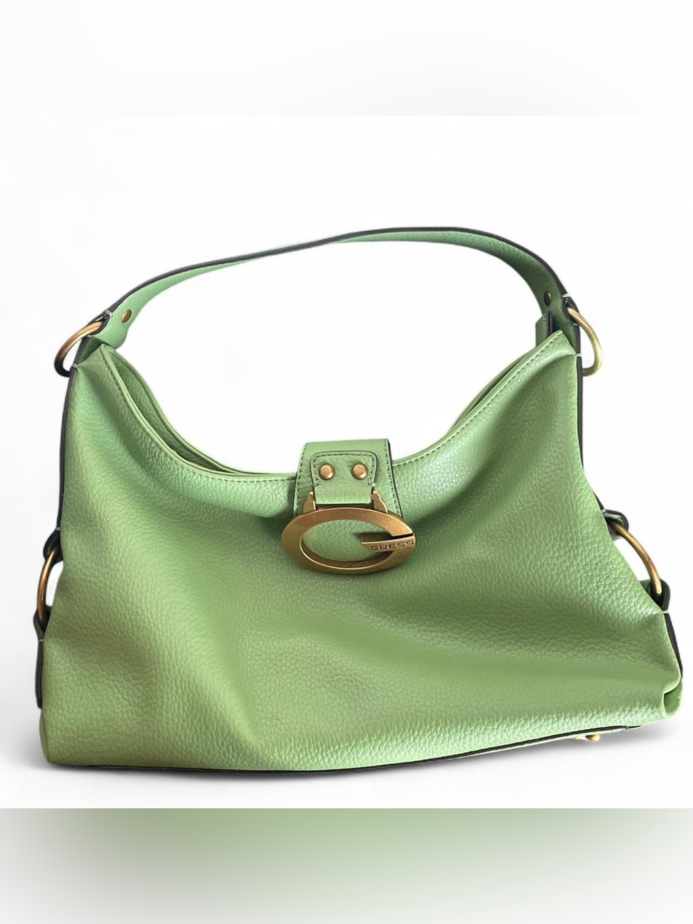GUESS Light Green Pebbled Faux Leather Vegan Shoulder Bag with Gold Hardware